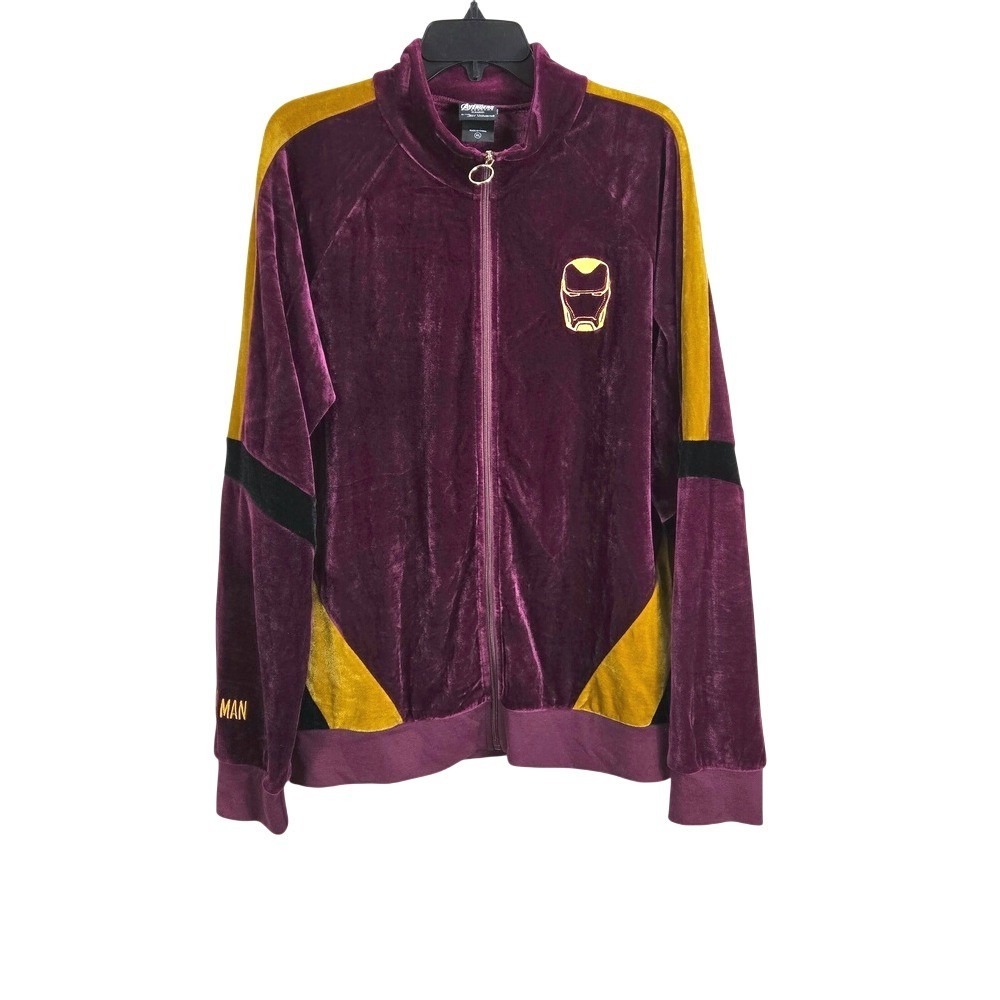 Marvel Avengers Endgame I Am Iron Man Burgundy Gold Velour Zip Track Jacket XL